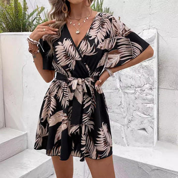 Levi Rhei Tropical V-Neck Waist Tie Jumpsuit